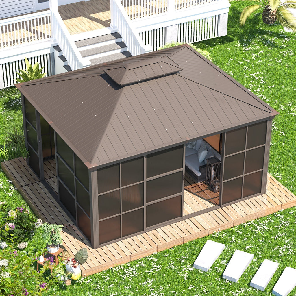 EROMMY 12X14 Florida Sunroom for Backyard Greenhouse with Sliding Door – Brown