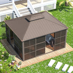 EROMMY 12X14 Florida Sunroom for Backyard Greenhouse with Sliding Door – Brown