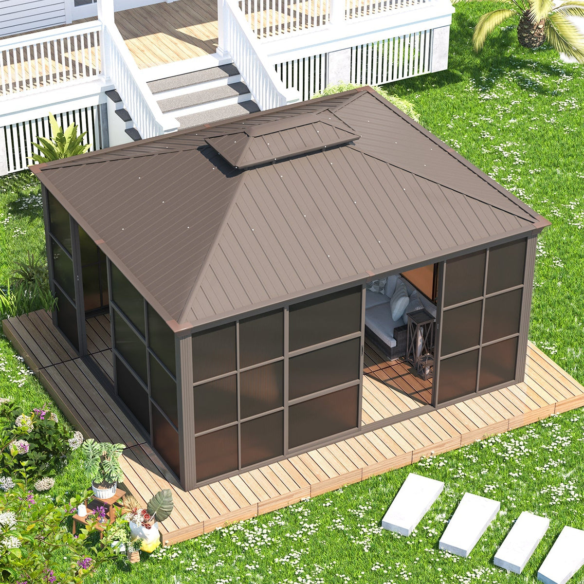 EROMMY 12X14 Florida Sunroom for Backyard Greenhouse with Sliding Door – Brown