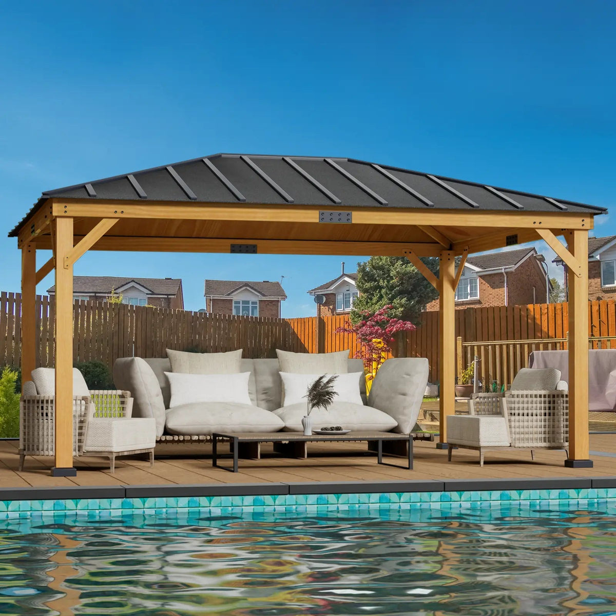 EROMMY 12' x 16' Wood Gazebo Spruce Solid Wooden Frame Pavilion Hardtop Asphalt Roof Canopy for Patio Lawn Garden Backyard