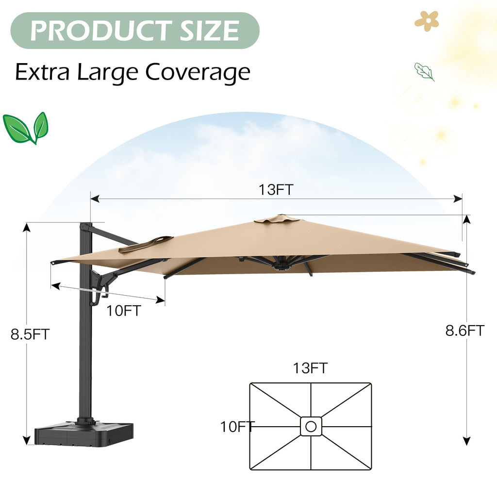 EROMMY 10 x 13 Outdoor Large Offset Umbrella, Base Excluded - Brown