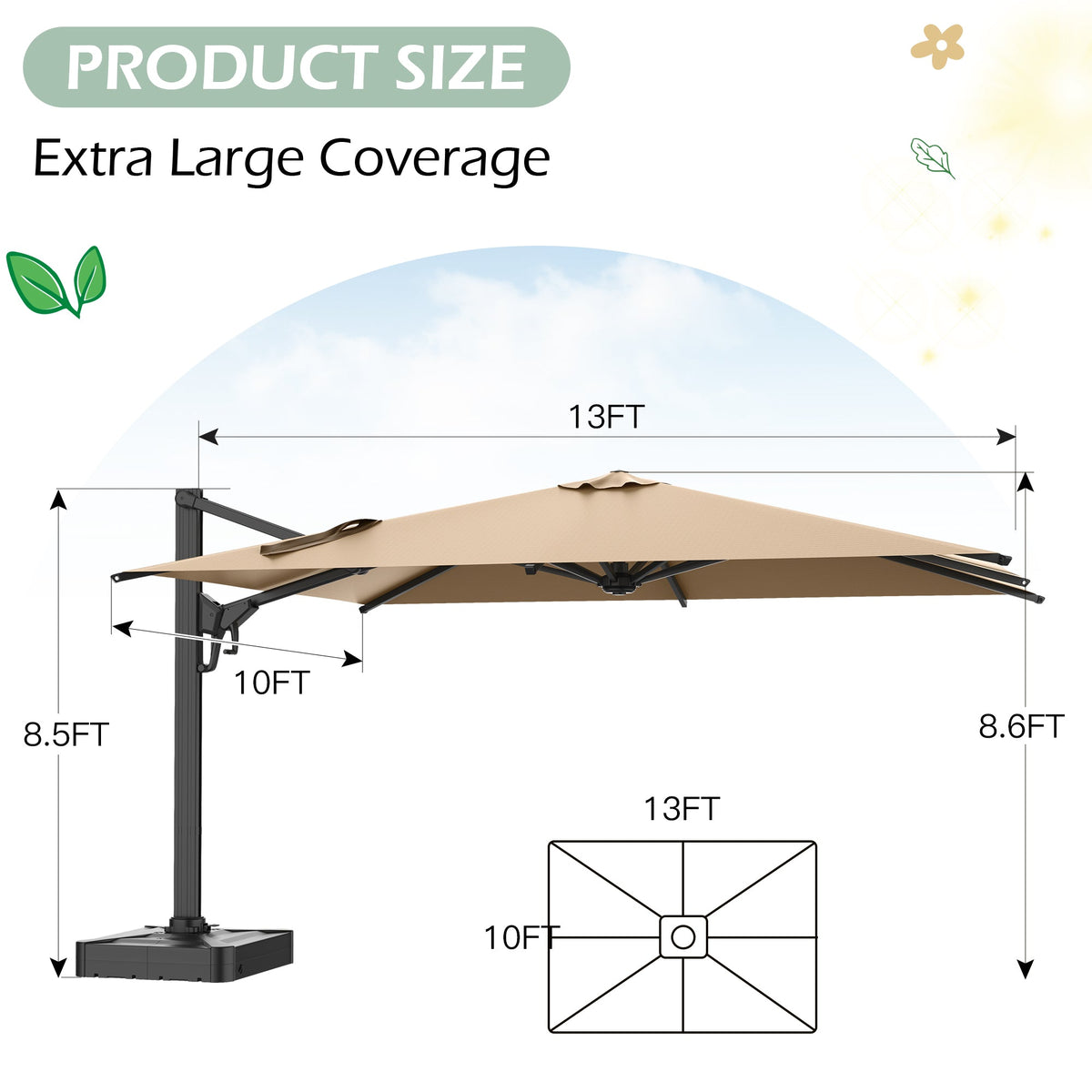 EROMMY 10 x 13 Outdoor Large Offset Umbrella, Base Excluded - Brown
