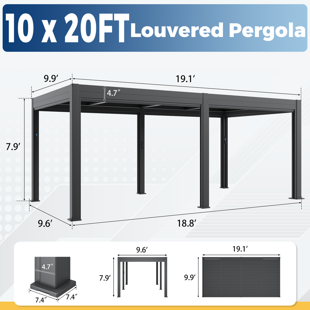 EROMMY 10' x 20' Outdoor Pergola with LED Lights, Aluminum Gazebo with Motorized Louvers & Side Screens for Patio, Backyard & Poolside, Black