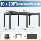 EROMMY 10' x 20' Outdoor Pergola with LED Lights, Aluminum Gazebo with Motorized Louvers & Side Screens for Patio, Backyard & Poolside, Black