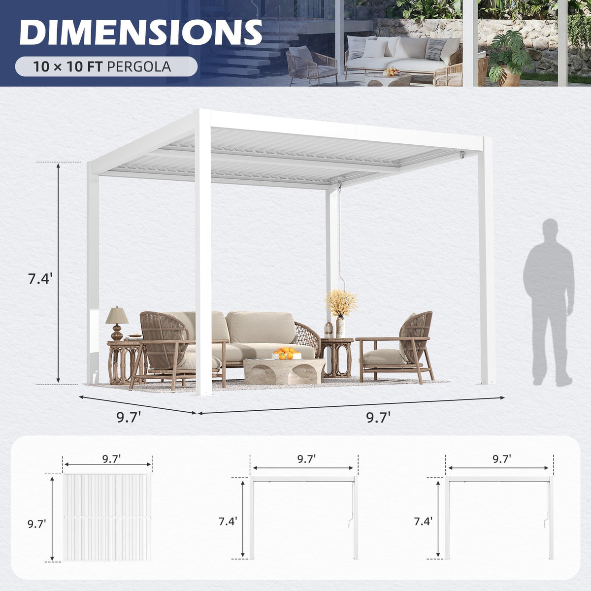 EROMMY 10' x 10' Outdoor Pergola with Adjustable Louvered Roof & Integrated Drainage, Heavy-Duty Metal Louvered Pergola for Patios, White