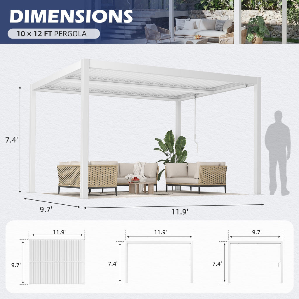 EROMMY 10' x 12' Outdoor Pergola with Adjustable Louvered Roof & Integrated Drainage, Heavy-Duty Metal Louvered Pergola for Patios, White
