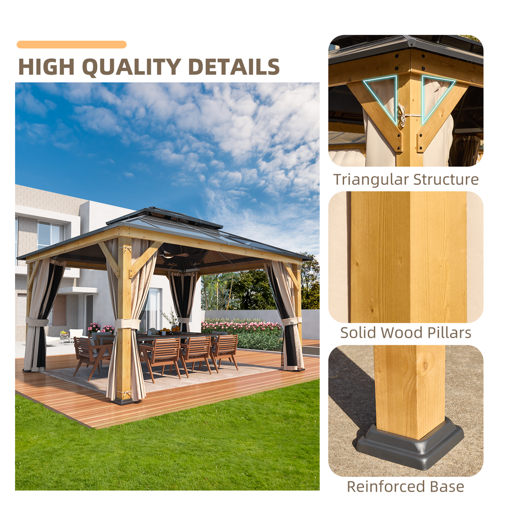 EROMMY 12' x 14' Hardtop Gazebo, Wood Outdoor Gazebo, Polycarbonate Double Roof, Netting and Curtains, Patio Gazebo