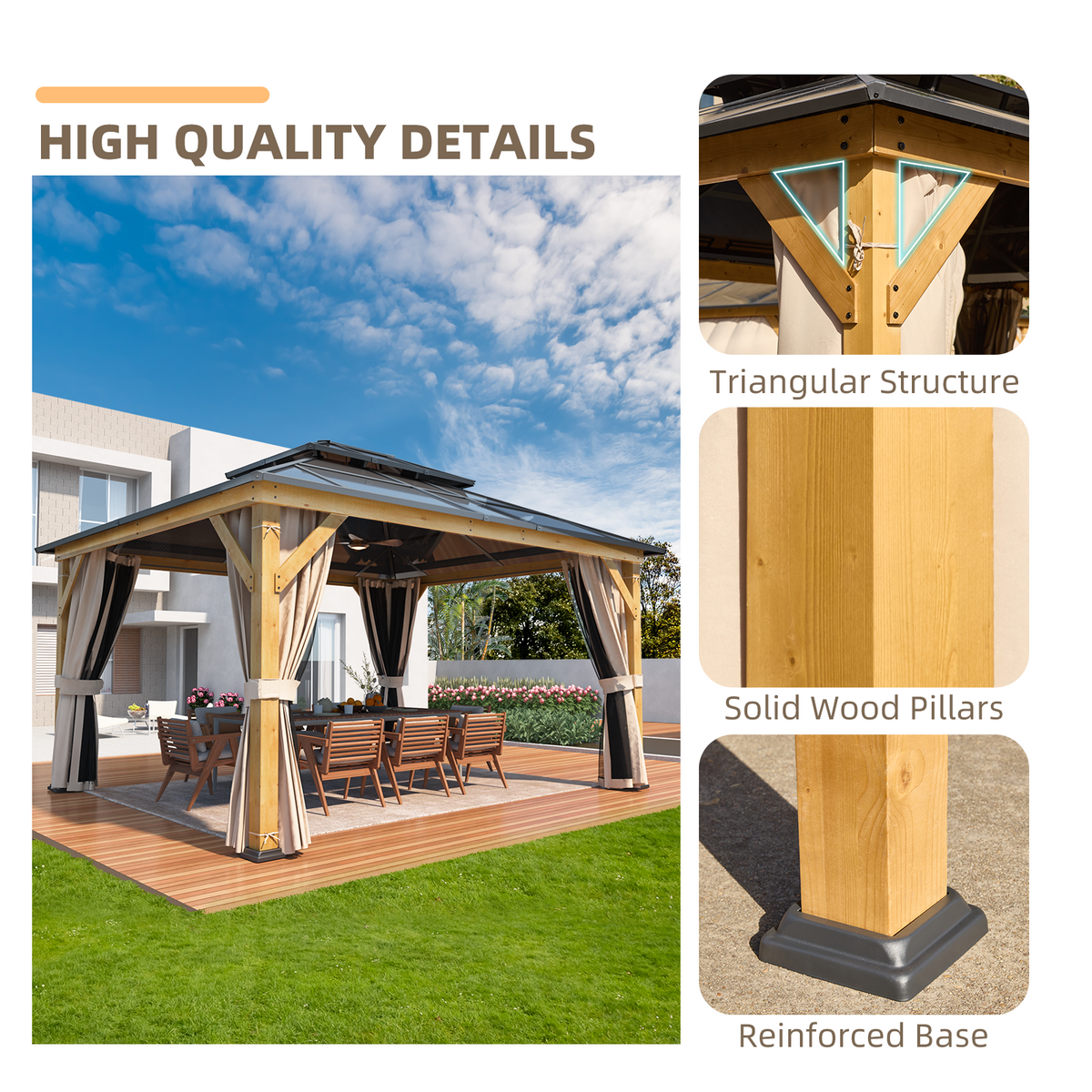 EROMMY 12' x 14' Hardtop Gazebo, Wood Outdoor Gazebo, Polycarbonate Double Roof, Netting and Curtains, Patio Gazebo
