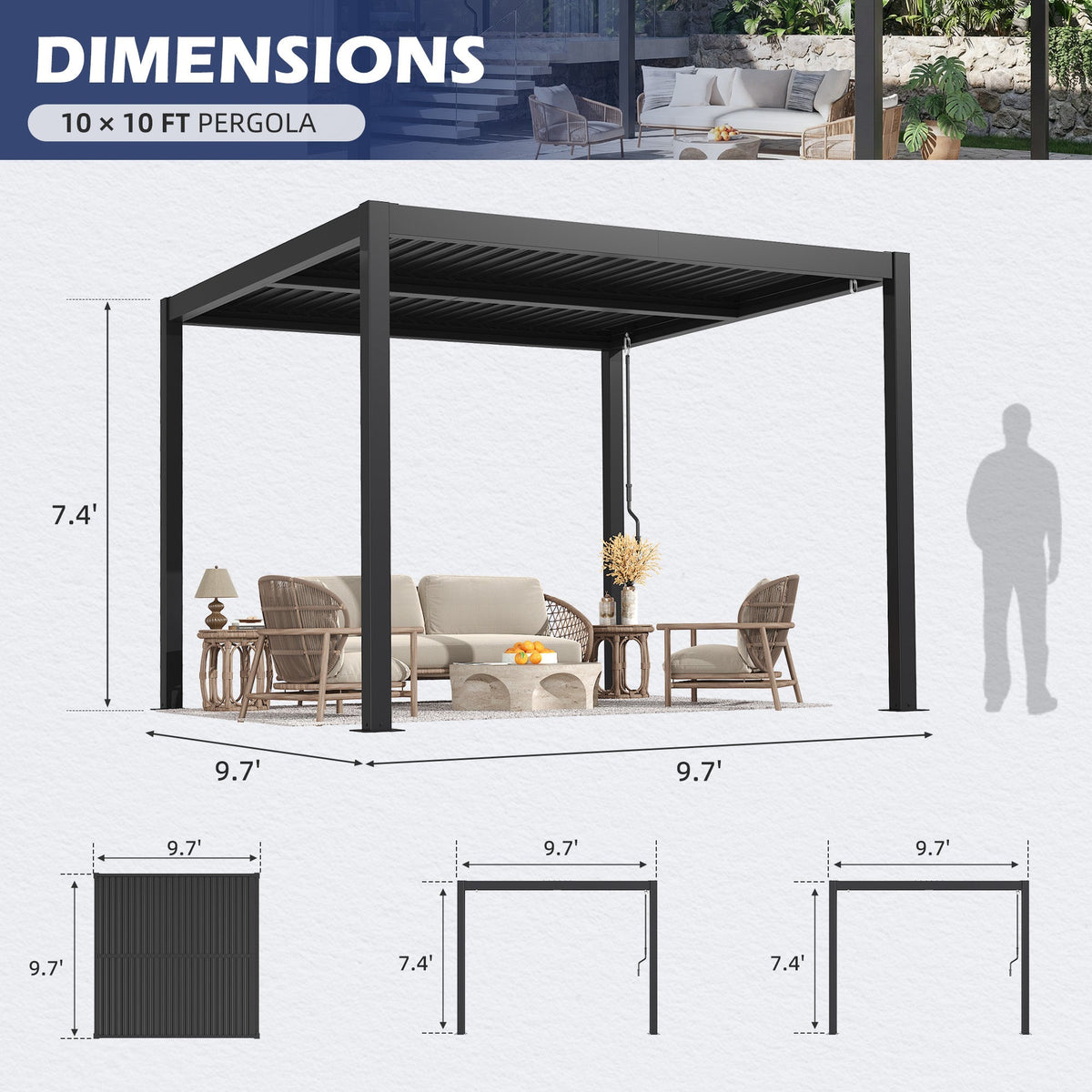 EROMMY 10' x 10' Outdoor Pergola with Adjustable Louvered Roof & Integrated Drainage, Heavy-Duty Metal Louvered Pergola for Patios, Black