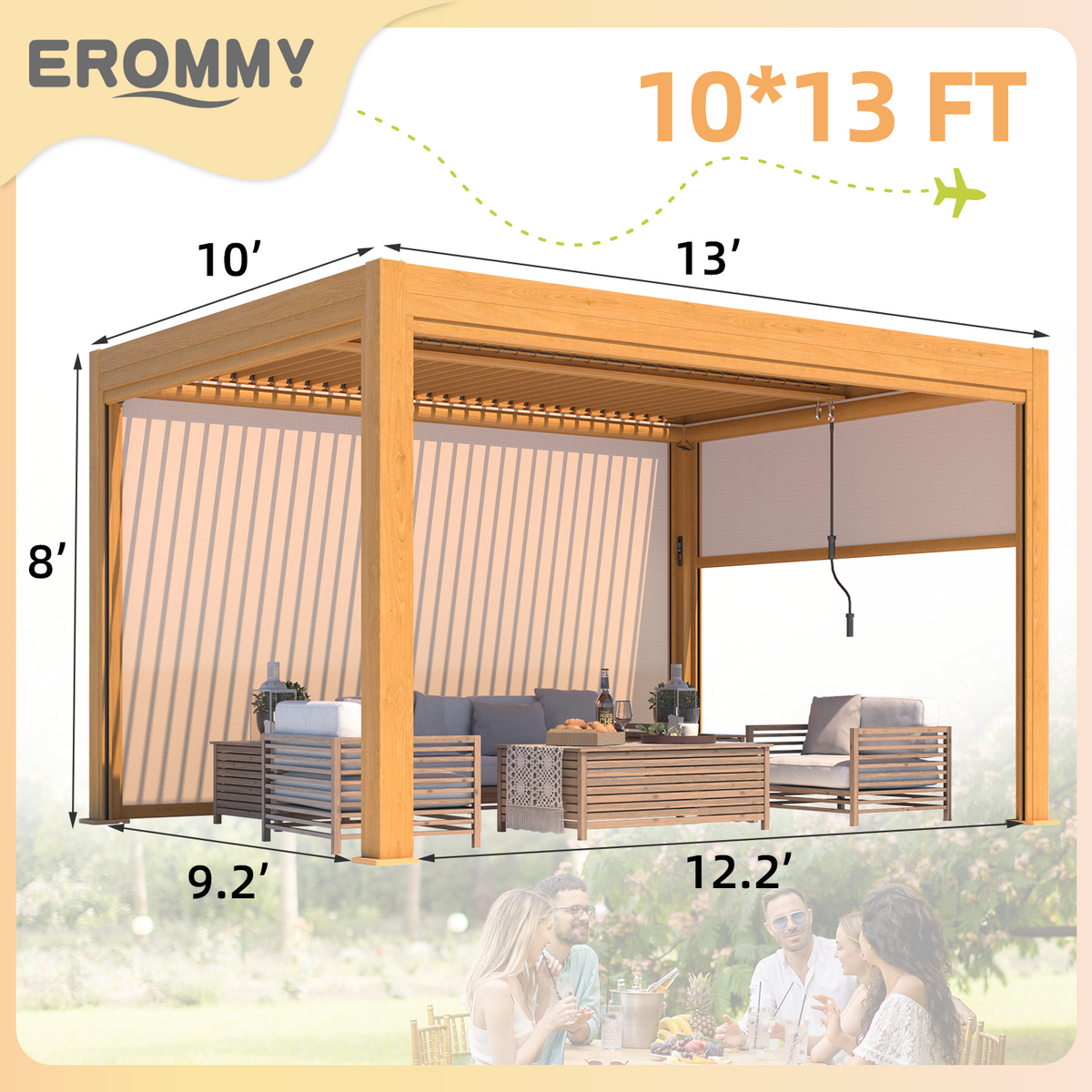 EROMMY 10x13 Motorized Pergola with Adjustable Louvers –Wood Grain