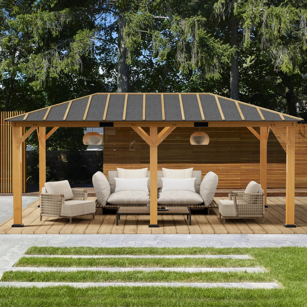 EROMMY 12' x 20' Spruce Wood Gazebo Hardtop, Silent Asphalt Roof Solid Wood Gazebo, for Patio, Lawns, Garden, Yard