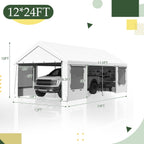EROMMY 12' x 24' Heavy Duty Carport，Portable Garage with UV Protection & Steel Frame, Car Port with Removable Sidewalls, All-Season Car Canopy for Tractor, Truck, Boat, White