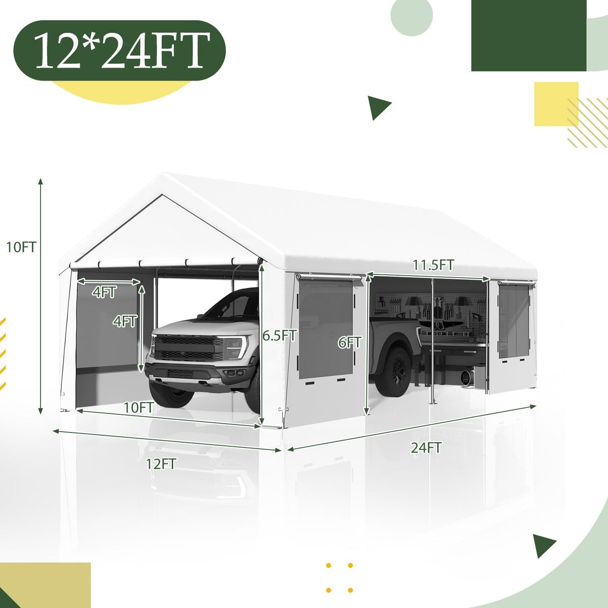 EROMMY 12' x 24' Heavy Duty Carport，Portable Garage with UV Protection & Steel Frame, Car Port with Removable Sidewalls, All-Season Car Canopy for Tractor, Truck, Boat, White