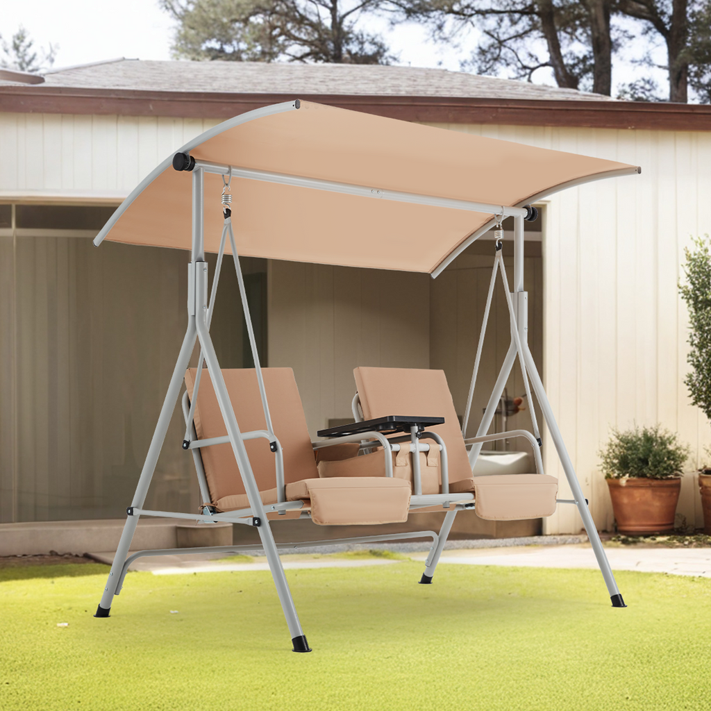 EROMMY 2-Person Outdoor Swing with Canopy, Storage Table, Cooler Bag & Cushions – Beige