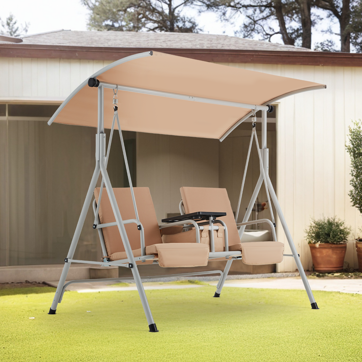 EROMMY 2-Person Outdoor Swing with Canopy, Storage Table, Cooler Bag & Cushions – Beige