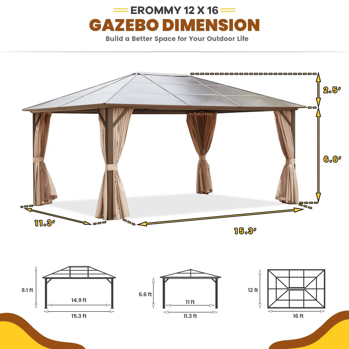 EROMMY 12' x 16' Hardtop Gazebo, Outdoor Polycarbonate Roof Canopy, Aluminum Frame Permanent Pavilion, Sunshade