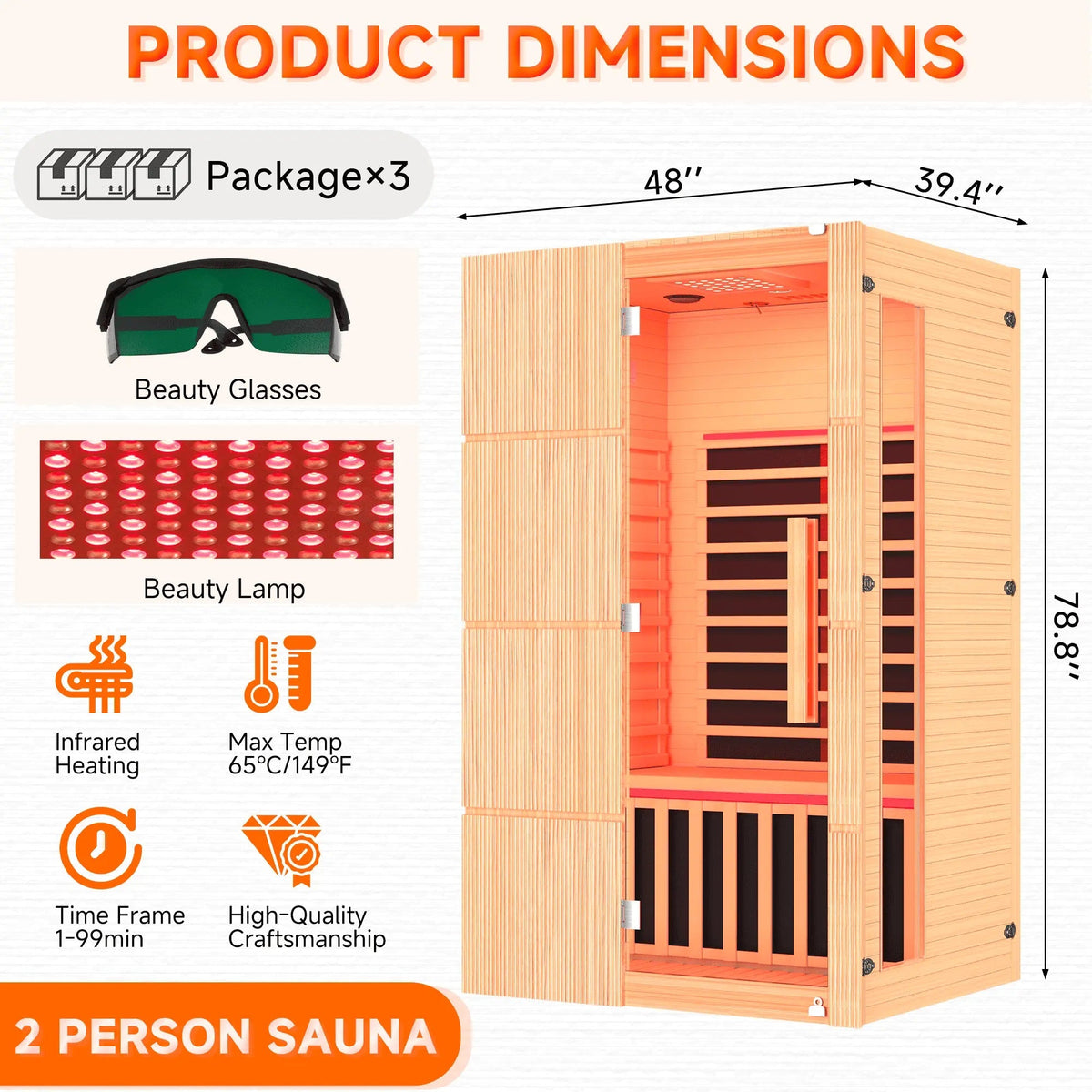 EROMMY 2-Person Indoor Infrared Sauna for Home, Far Infrared Sauna with Red Light Therapy, Chromotherapy Lighting, 6 Carbon Heaters & Bluetooth Speaker, Natural Wood