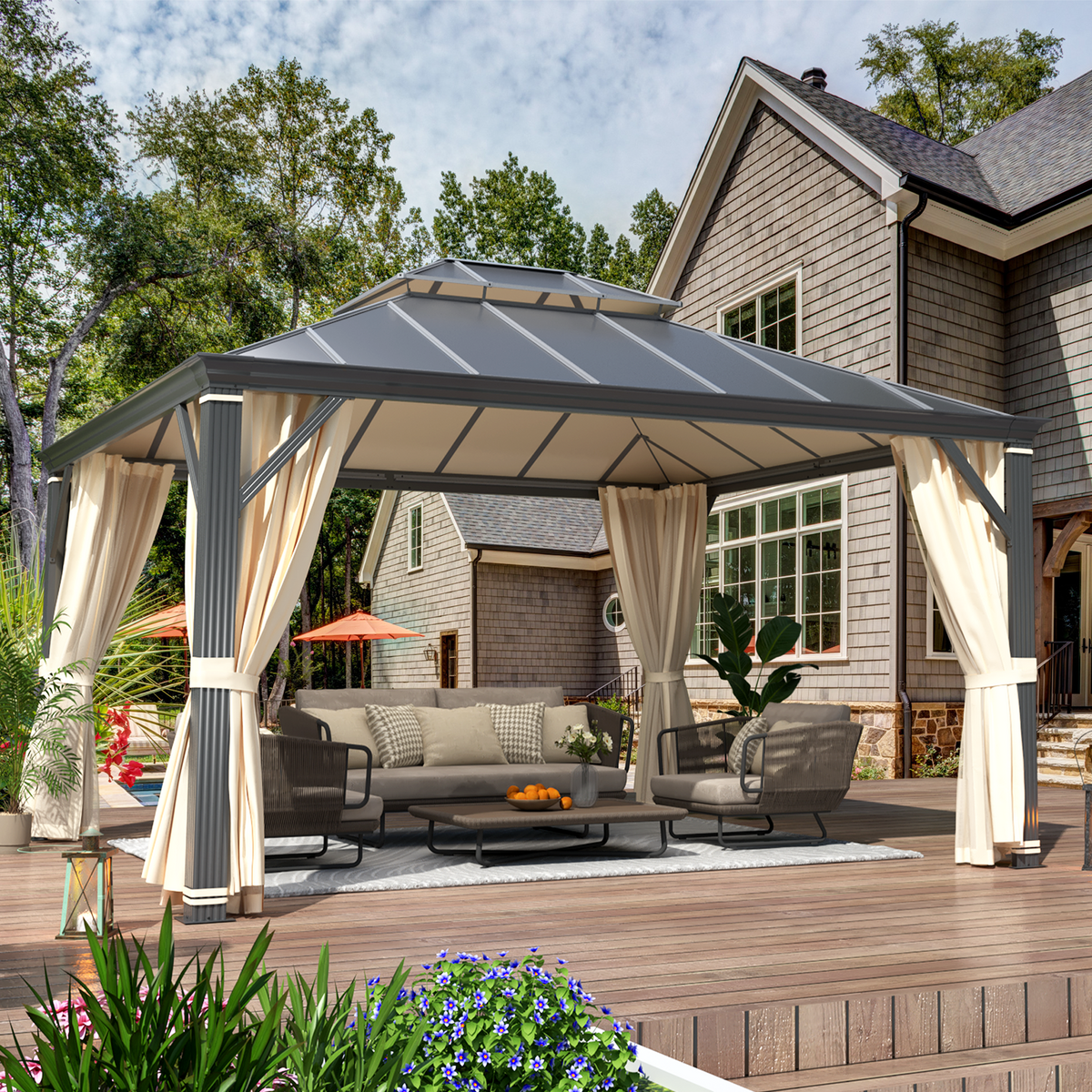 EROMMY 12' x 14' Hardtop Permanent Outdoor Aluminum Patio Gazebo with Double Roof for Patio and Garden, Curtains and Netting