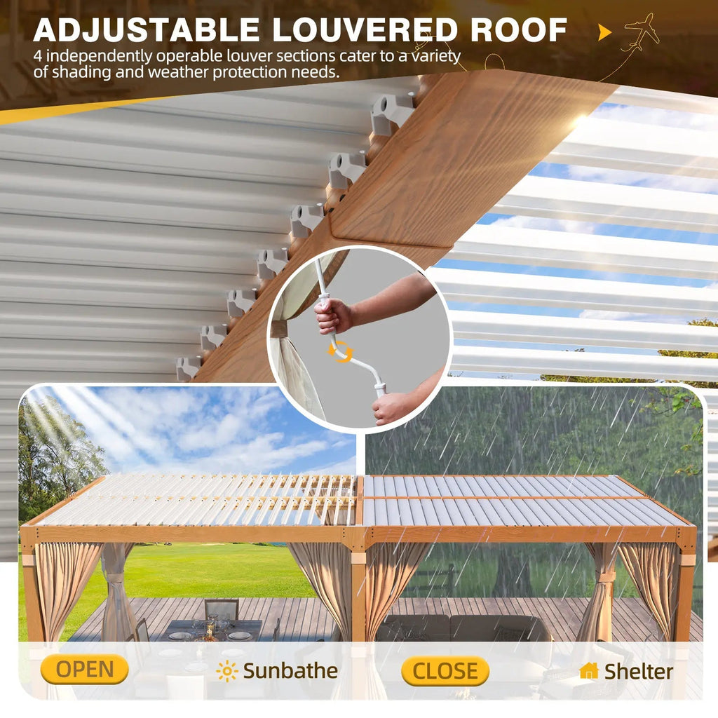EROMMY 10X20 Louvered Pergola with Independent Adjustable Roof – Wood Grain