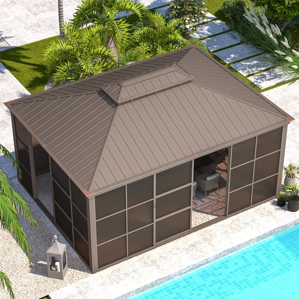 EROMMY 12X16 Enclosed Gazebo for All Season with Sliding Door – Brown