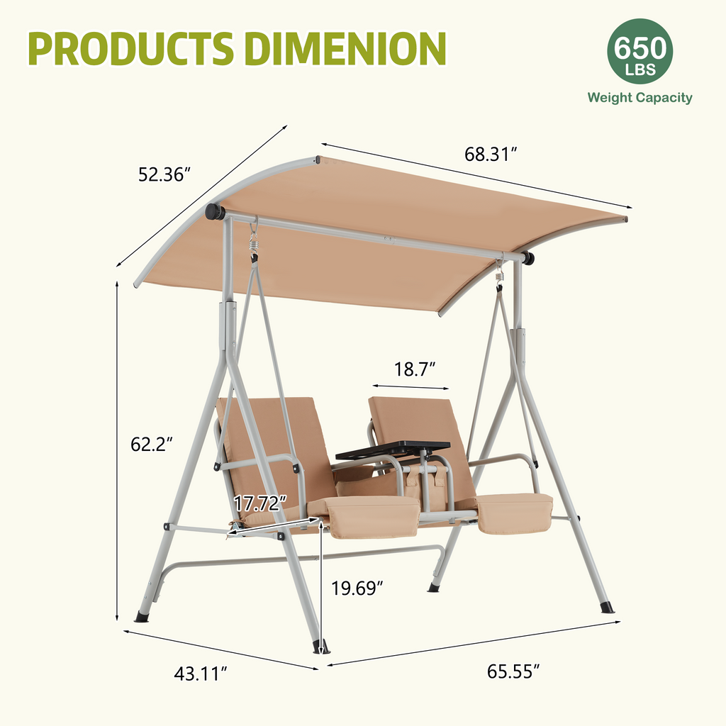 EROMMY 2-Person Outdoor Swing with Canopy, Storage Table, Cooler Bag & Cushions – Beige