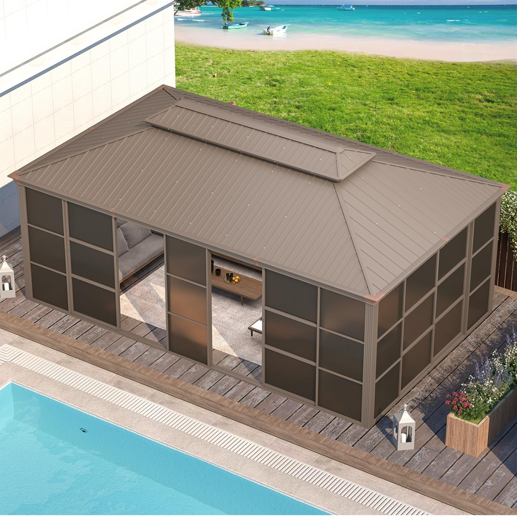 EROMMY 12X20 Enclosed Gazebo for All Season with Sliding Door – Brown