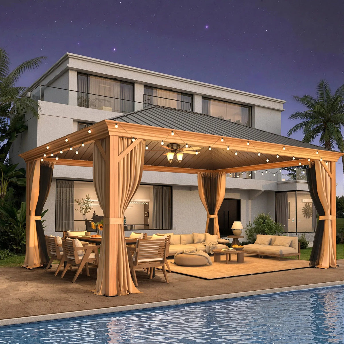 EROMMY 12' x 16' Hardtop Gazebo, Galvanized Steel Metal Single Roof Aluminum Gazebo with Curtain and Netting, Brown Permanent Pavilion