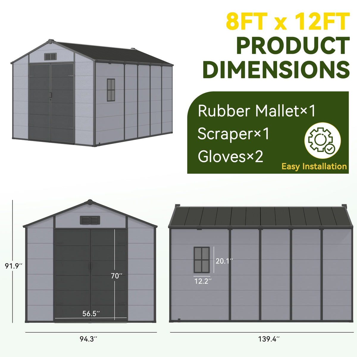 8x12 FT Outdoor Storage Shed, Weather-Resistant Shed with Lockable Double Doors & Built-In Floor, Sloped Roof Outdoor Shed for Backyard, Patio & Lawn, Black