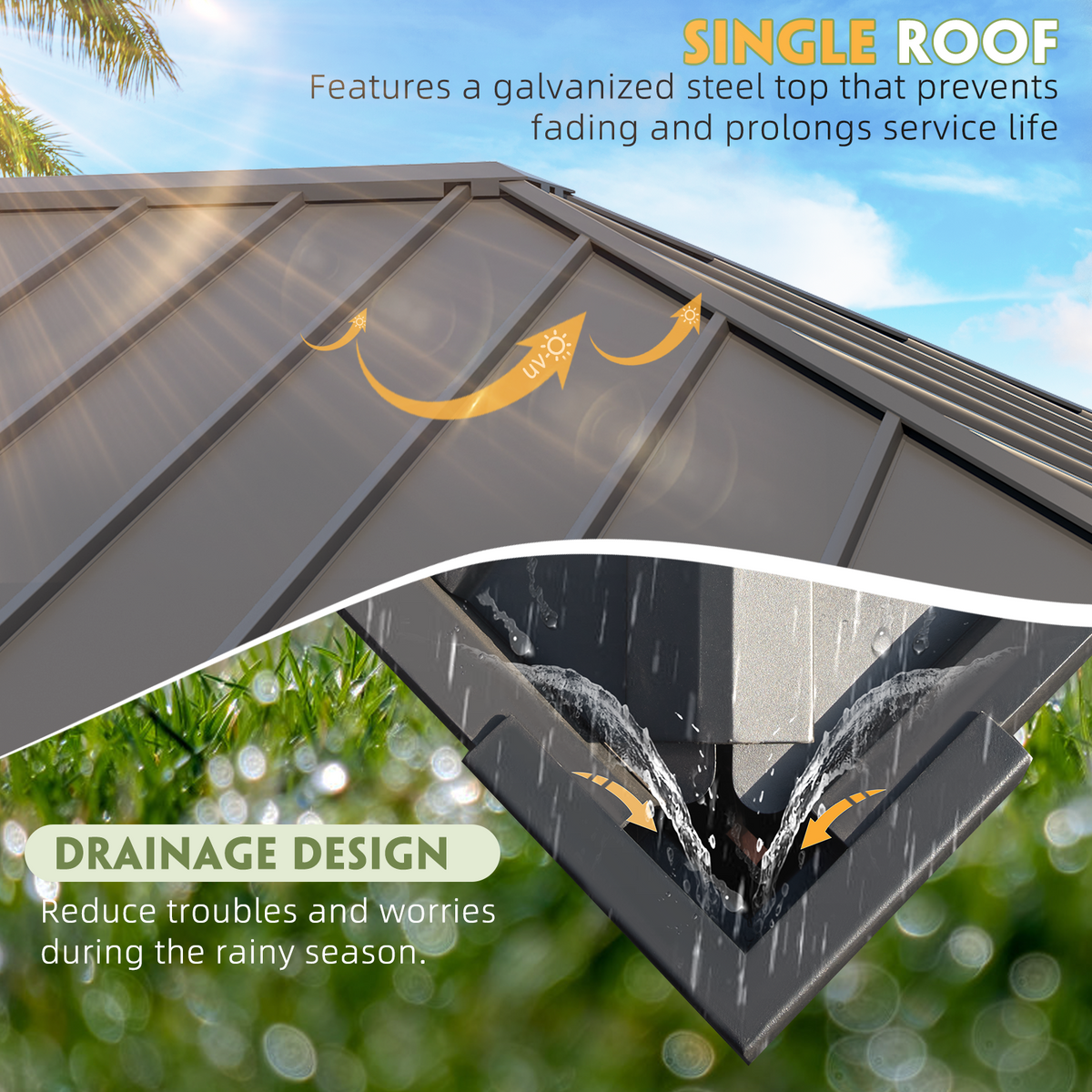 EROMMY 12' x 14' Hardtop Gazebo, Galvanized Steel Top with Wood Grain Aluminum Frame, Permanent Metal Pavilion with Three-Layer Storage Shelvess