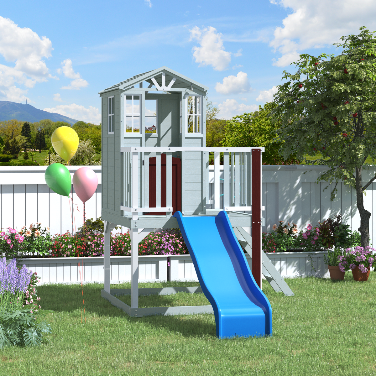 Erommy  Outdoor Wooden Playhouse for Kids - Fir Tree House with Slide, Climbing Ladder & Play Kitchen | Ages 4-8, Gray