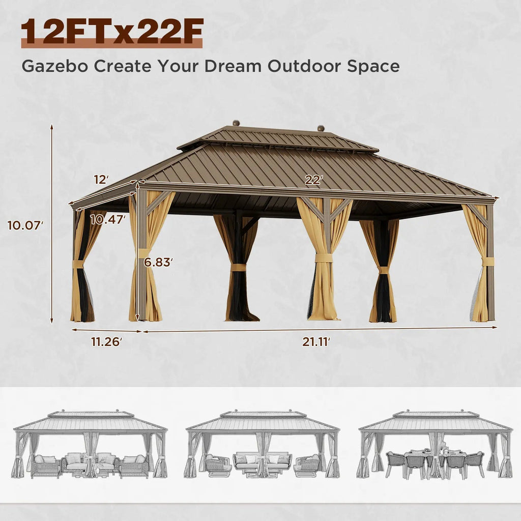 EROMMY 12X22 Gazebo with Double Galvanized Steel Roof
