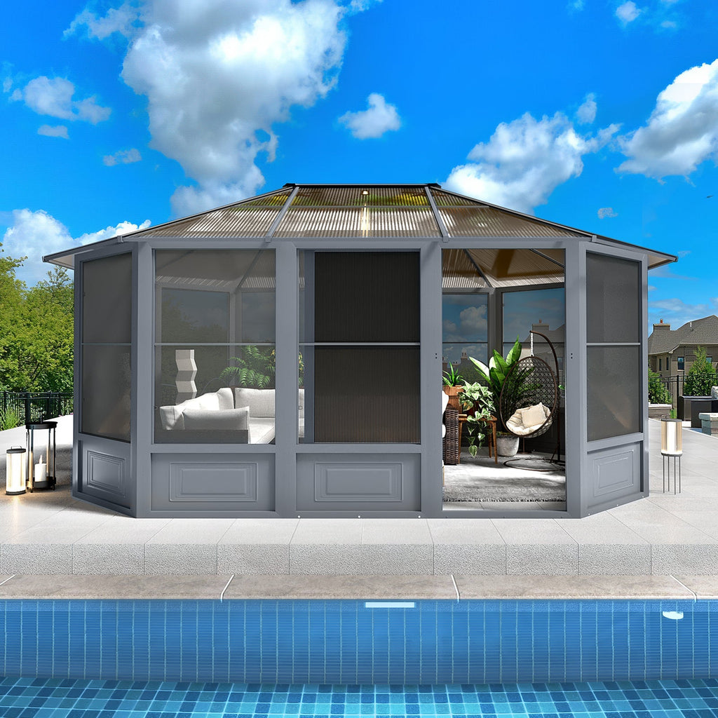 EROMMY 12X15 Solarium Room for 4 Season with Sliding Door – Grey