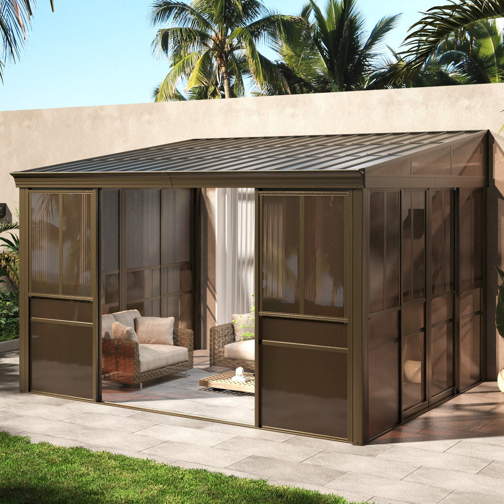 EROMMY 10 x 12FT Wall-Mounted Sunroom with Removable 3-Sided Doors & Aluminum Frame, All-Weather Sun Room with Galvanized Steel Roof, 6mm Thickened PC Screen