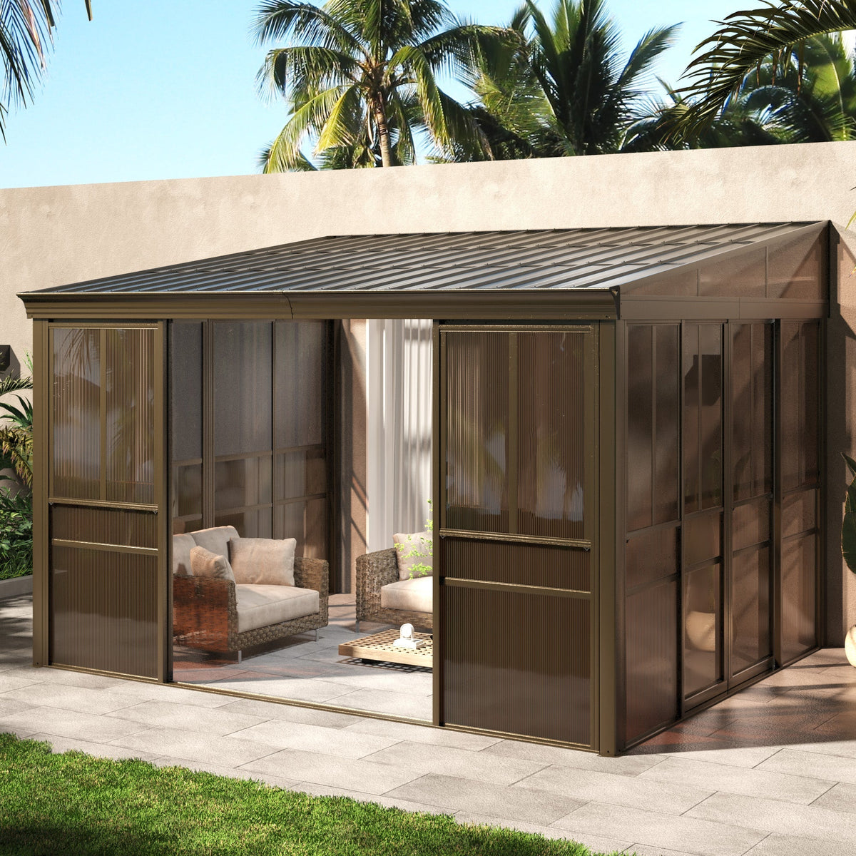 EROMMY 10 x 12FT Wall-Mounted Sunroom with Removable 3-Sided Doors & Aluminum Frame, All-Weather Sun Room with Galvanized Steel Roof, 6mm Thickened PC Screen