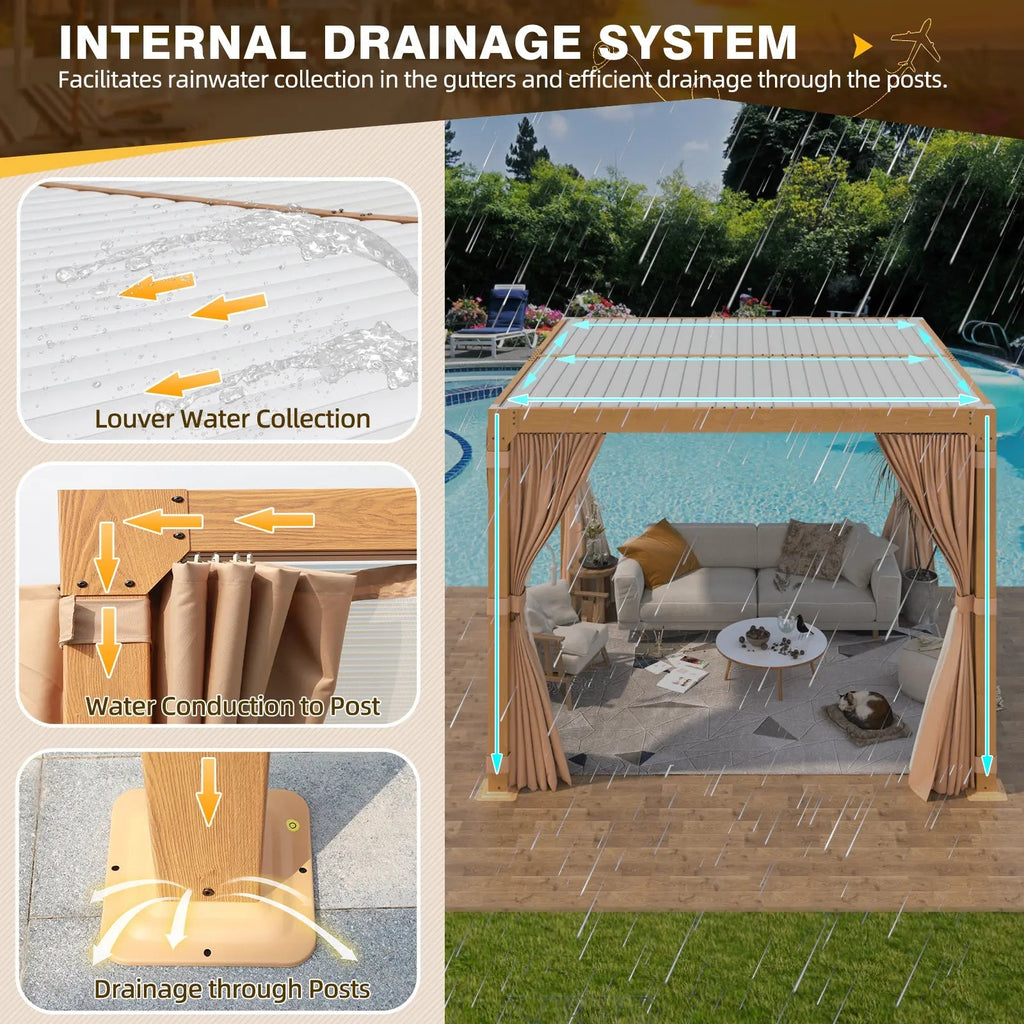 EROMMY 10X10 Pergola with Louvered Adjustable Roof – Wood Grain