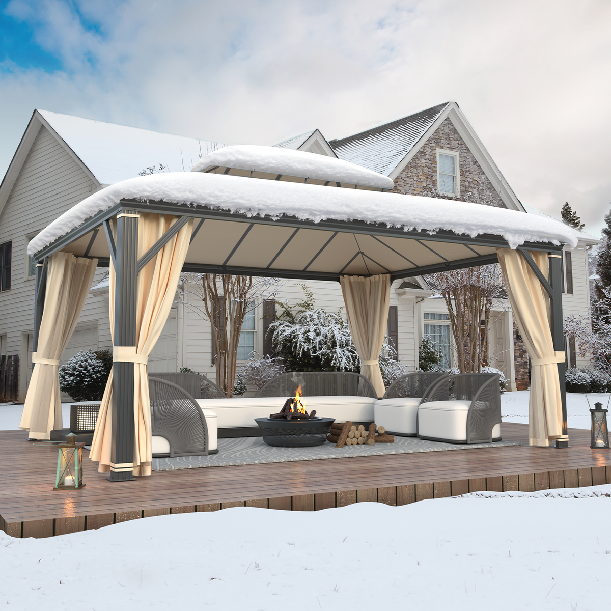 EROMMY 12' x 16' Hardtop Gazebo, Permanent Outdoor Aluminum Patio Gazebo, Double Roof, Patio and Garden, Curtains and Netting