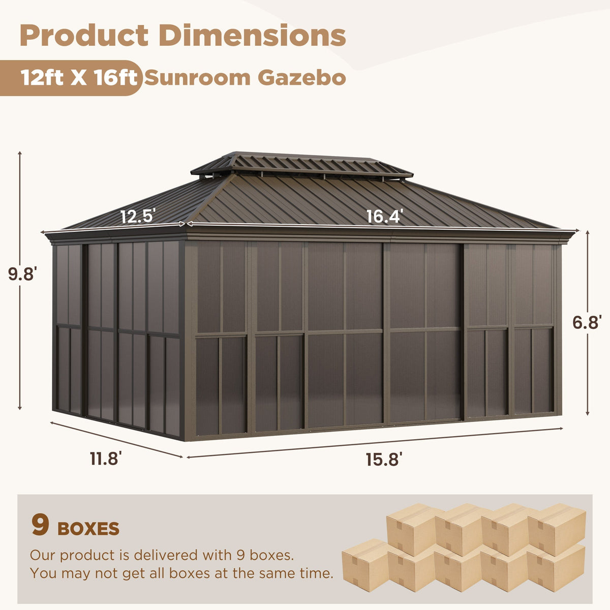 EROMMY 12X16 Enclosed Gazebo for All Season with Sliding Door – Brown