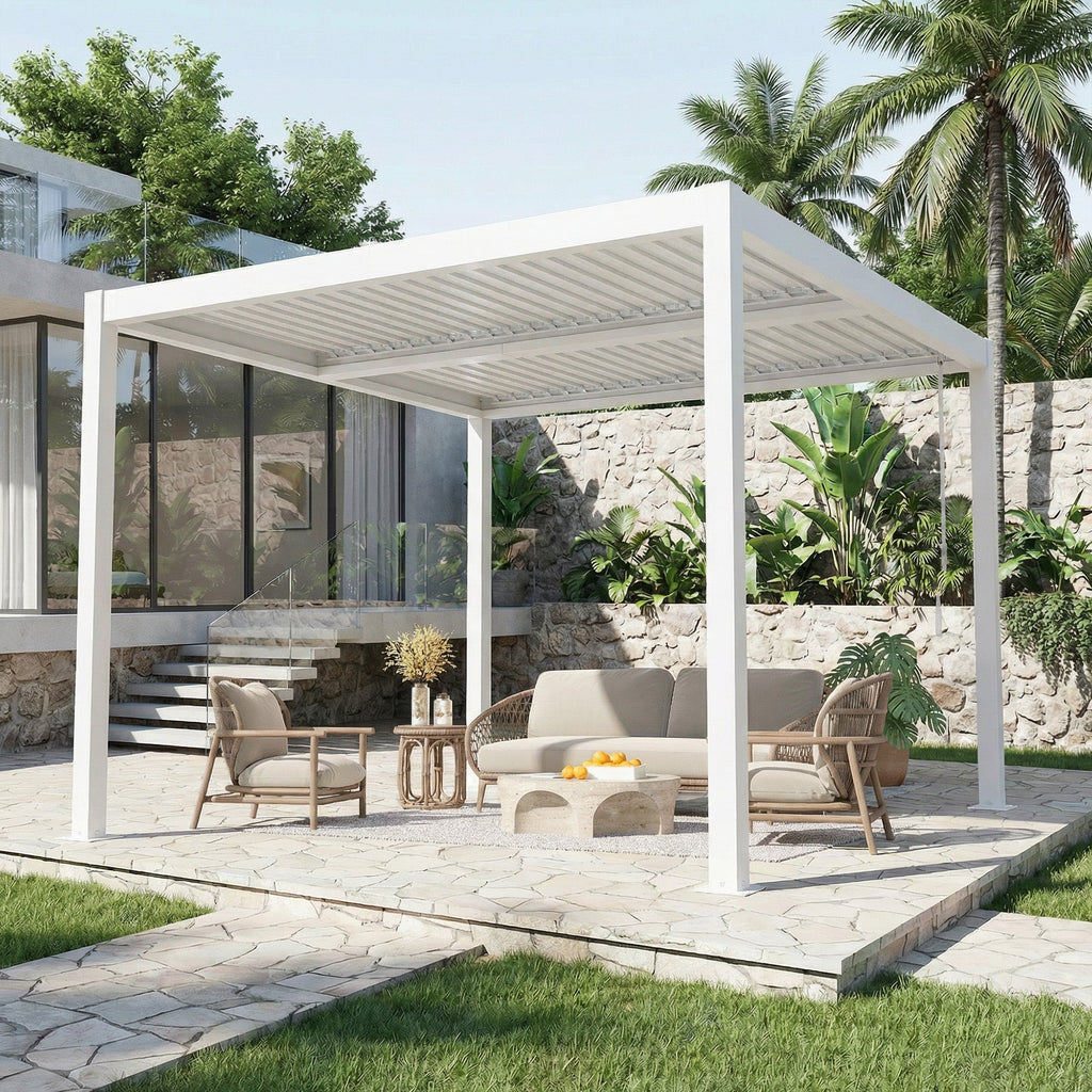 EROMMY 10' x 10' Outdoor Pergola with Adjustable Louvered Roof & Integrated Drainage, Heavy-Duty Metal Louvered Pergola for Patios, White