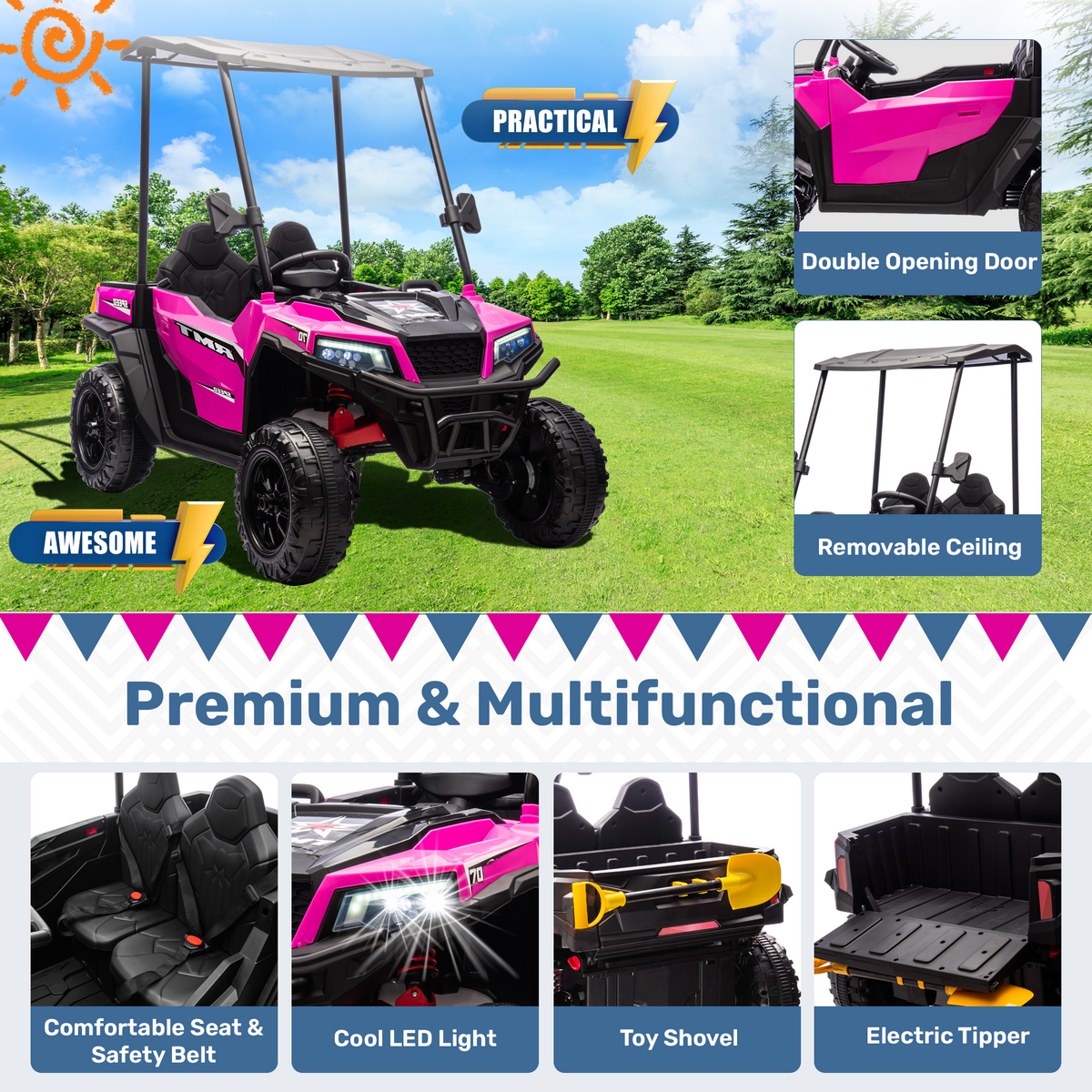 EROMMY 24V Ride on Electric Kids UTV Side by Side – Rose Red