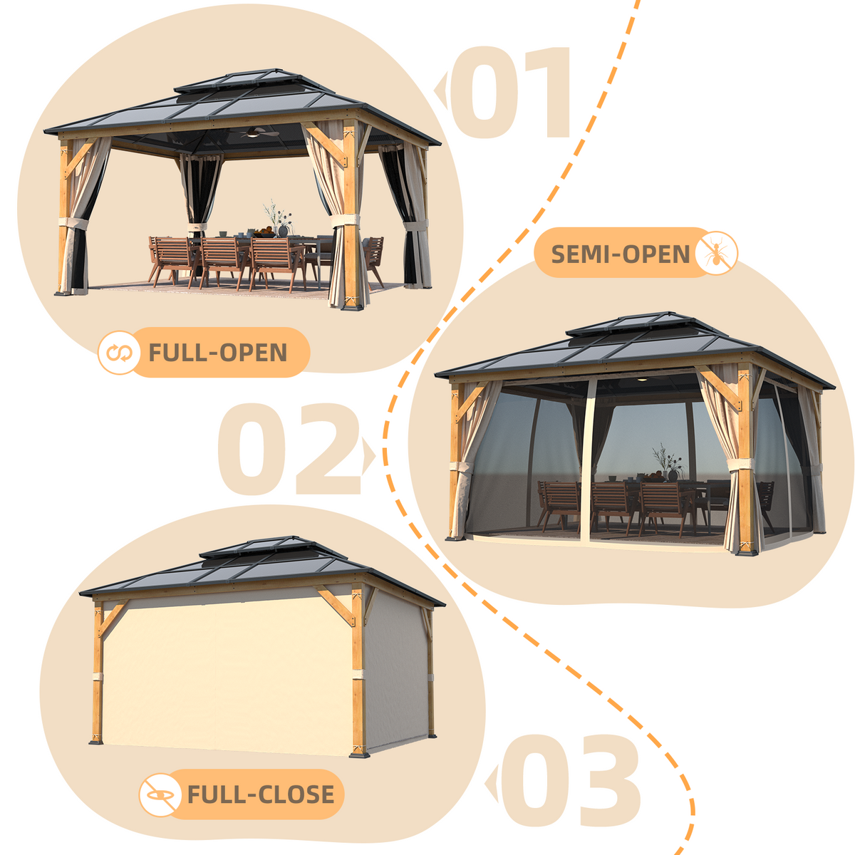 EROMMY 12' x 14' Hardtop Gazebo, Wood Outdoor Gazebo, Polycarbonate Double Roof, Netting and Curtains, Patio Gazebo