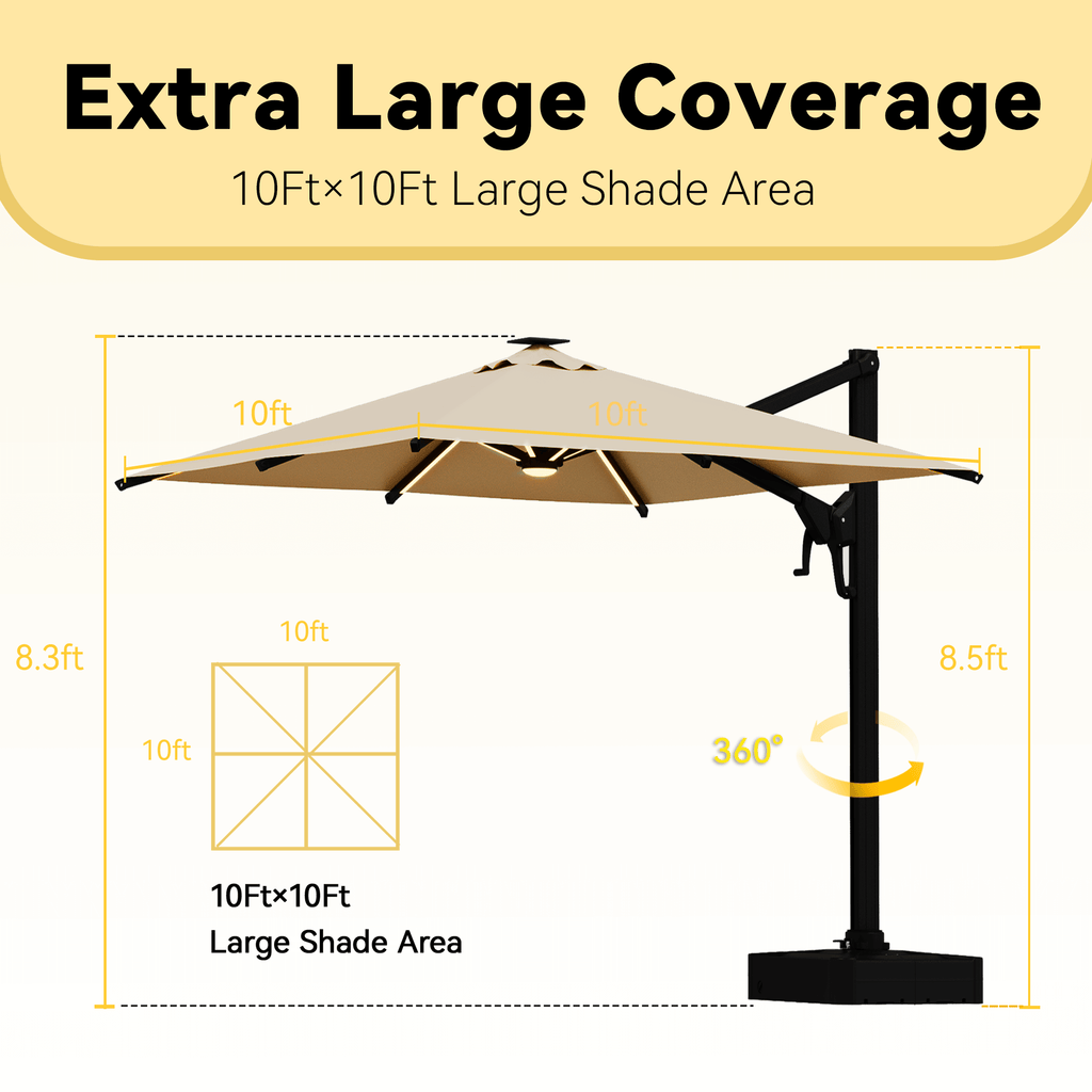 EROMMY 10 X 10 Cantilevered Umbrella with LED Lights, Base Excluded - Brown