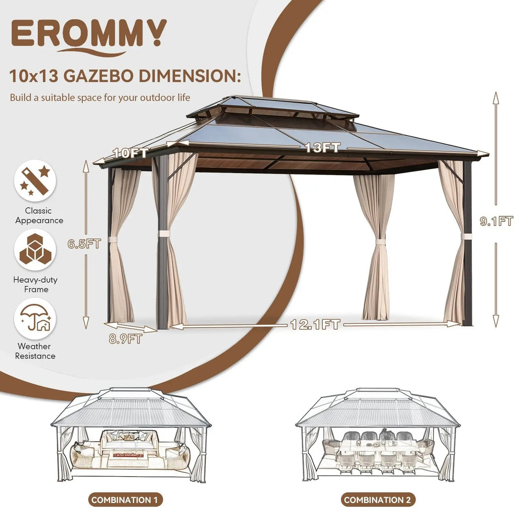 EROMMY 10X13 Gazebo with Polycarbonate Double Roof