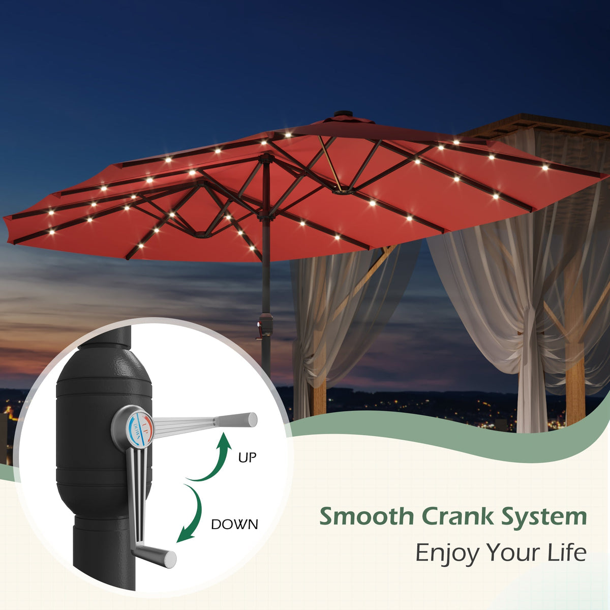 EROMMY 15 X 9 Double-Sided Large Umbrella with Solar LED - Red