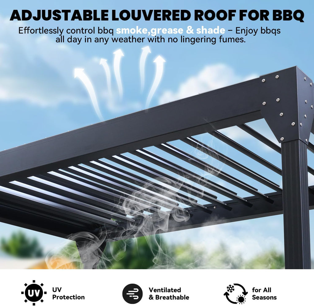 8x10 Louvered Pergola, Aluminum BBQ Pergola, Hardtop Gazebo for Outdoor Grill, Adjustable Rainproof Roof, Pergolas for Patio, Black