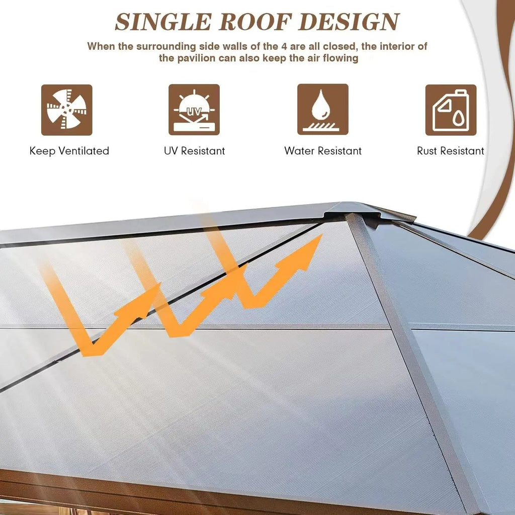 EROMMY 10’ x 12’ Patio Hardtop Gazebo Aluminum Frame Gazebos with Netting & Curtain, Outdoor Polycarbonate Gazebo For Garden, Patio, Lawns