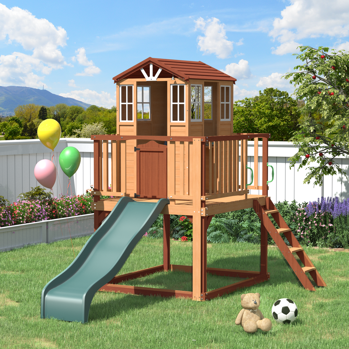 Erommy  Outdoor Wooden Playhouse for Kids - Fir Tree House with Slide, Climbing Ladder & Play Kitchen | Ages 4-8, Wood