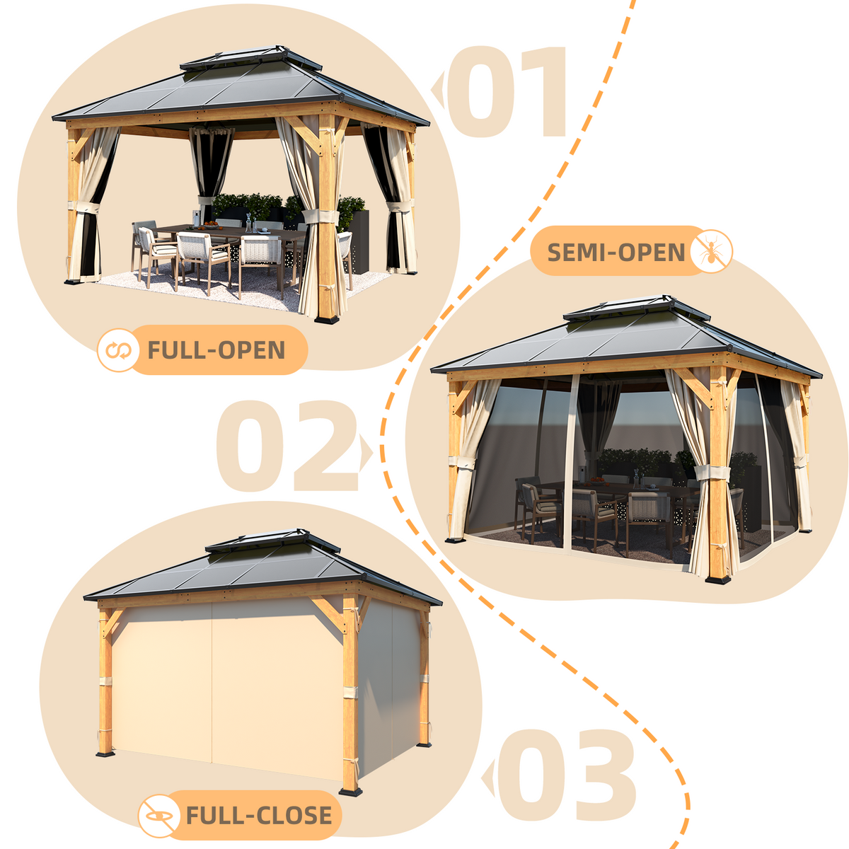 EROMMY 11'x 13' Hardtop Gazebo, Wood Outdoor Gazebo, Polycarbonate Double Roof, Netting and Curtains, Patio Gazebo