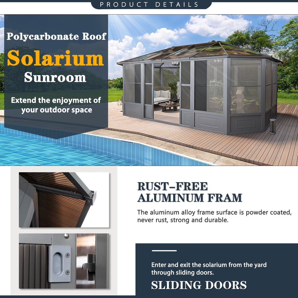 EROMMY 12X18 Solarium Room for 4 Season with Sliding Door – Grey
