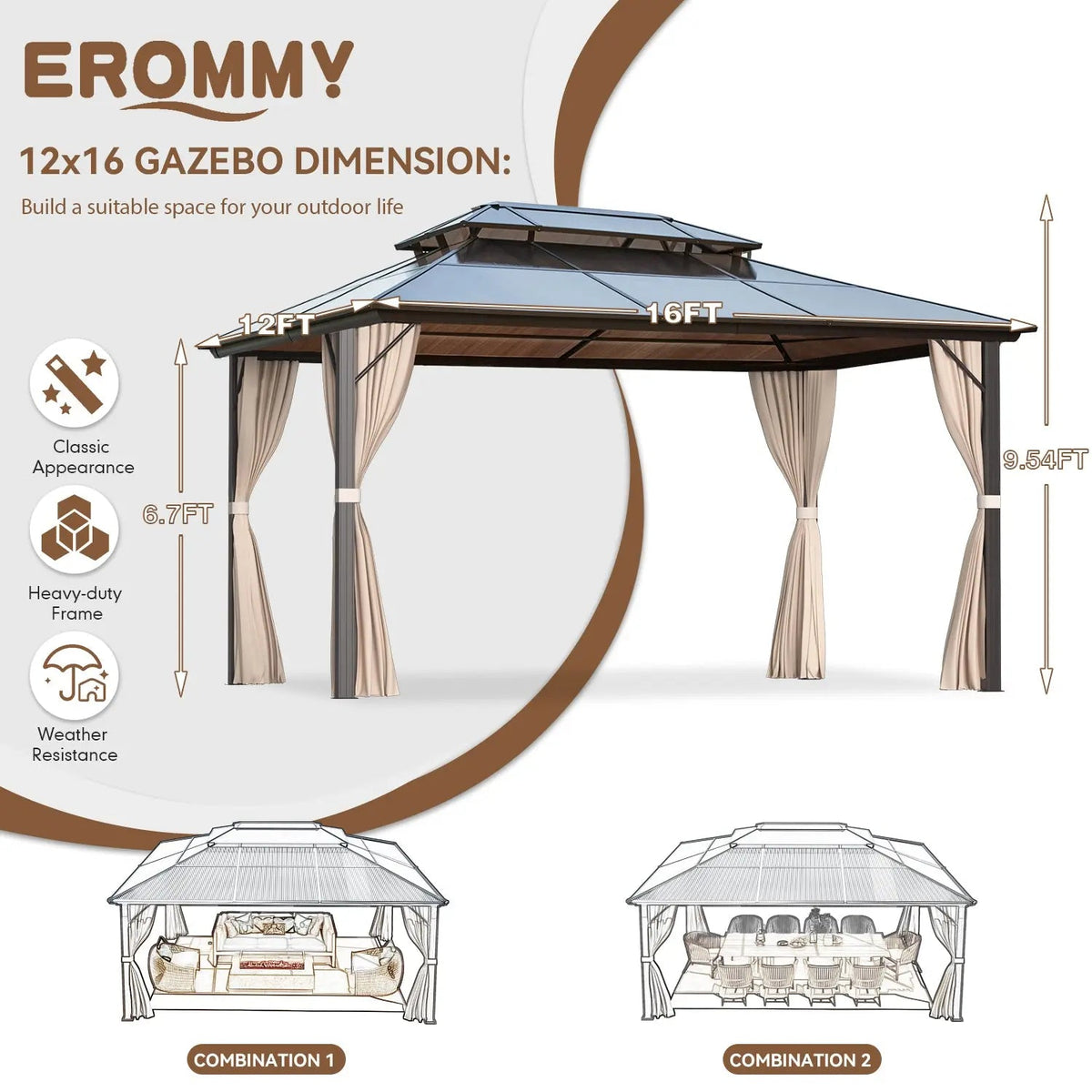 EROMMY 12' x 16' Patio Hardtop Gazebos Canopy Polycarbonate Double-Roof w/ Netting & Curtains