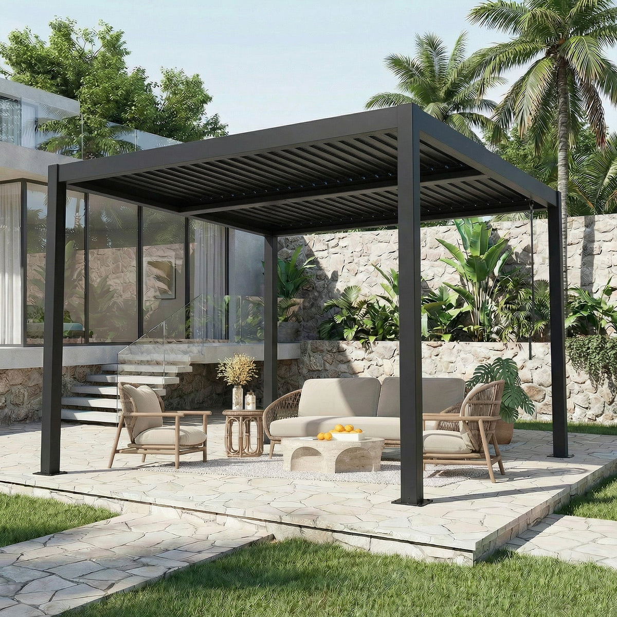 EROMMY 10' x 10' Outdoor Pergola with Adjustable Louvered Roof & Integrated Drainage, Heavy-Duty Metal Louvered Pergola for Patios, Black